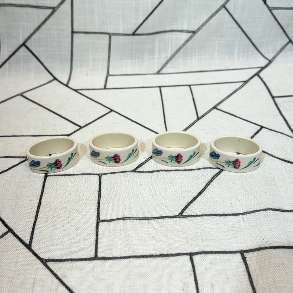 Lenox Napkin Rings Set of 4 Ivory Poppies on Blue Floral Fine China Vintage